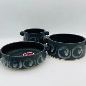 3pc Jan’s Pottery Dipping Set - Artisanal Glazed Baker Trio - New with Recipes